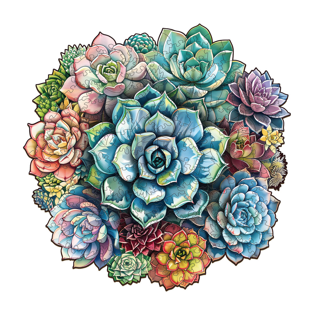 Colorful arrangement of succulents in a wooden jigsaw puzzle, ideal for enhancing focus and mental agility.