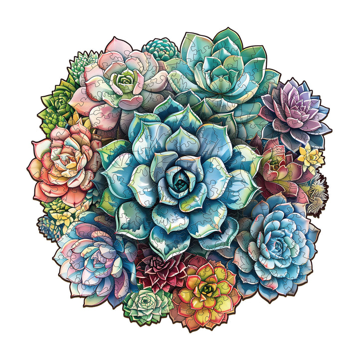 Colorful arrangement of succulents in a wooden jigsaw puzzle, ideal for enhancing focus and mental agility.