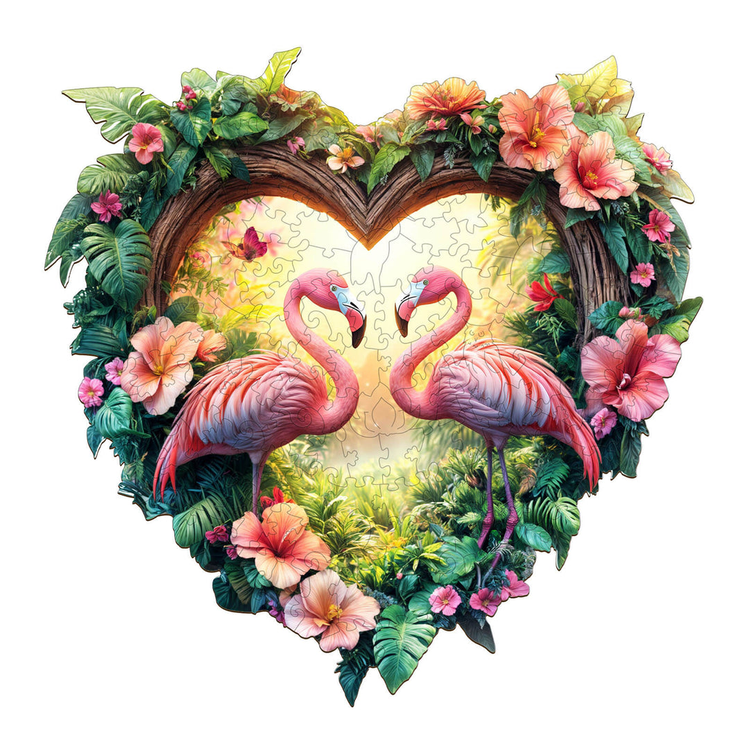 Love Flamingos wooden jigsaw puzzle surrounded by tropical flowers in a heart shape, perfect for puzzle lovers.