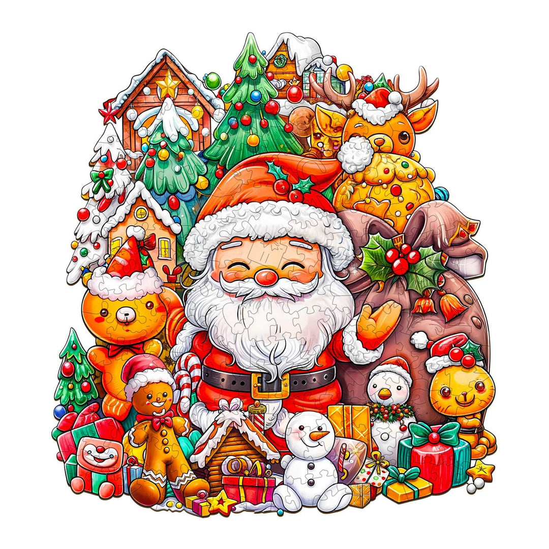 Colorful Christmas jigsaw puzzle featuring Santa Claus, snowy trees, reindeer, and festive decorations.