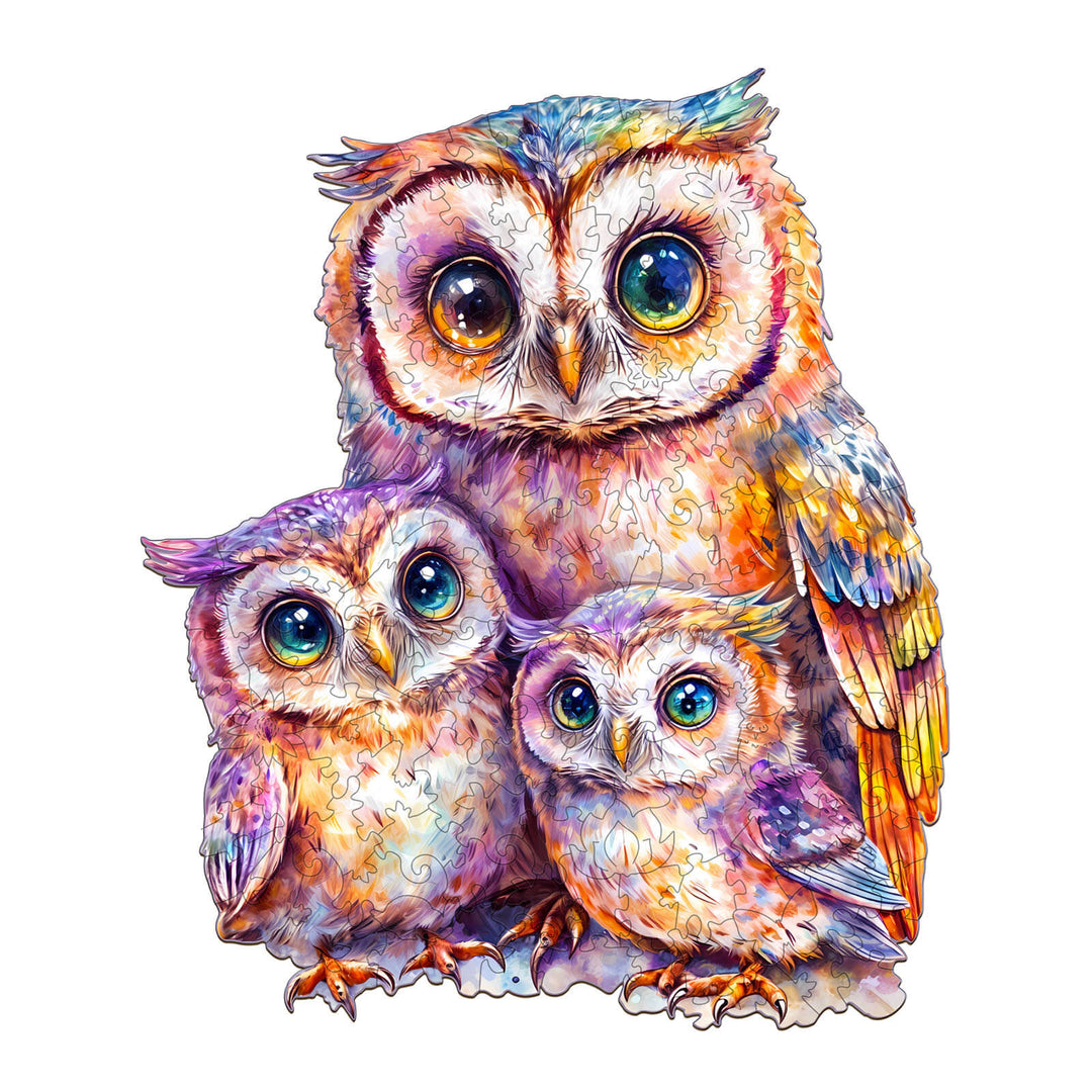 Colorful Sweet Owl Family wooden jigsaw puzzle featuring three adorable owls in vibrant shades.