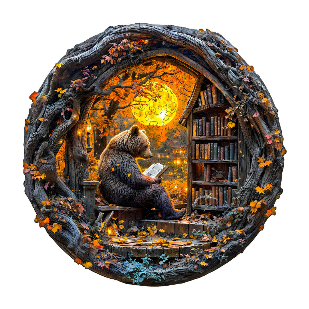 Reading bear wooden jigsaw puzzle featuring a bear reading in a cozy library surrounded by autumn leaves and warm lights.