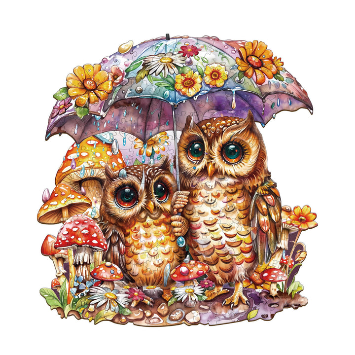 Colorful Umbrella Owls wooden jigsaw puzzle featuring two owls under a floral umbrella with mushrooms and flowers.