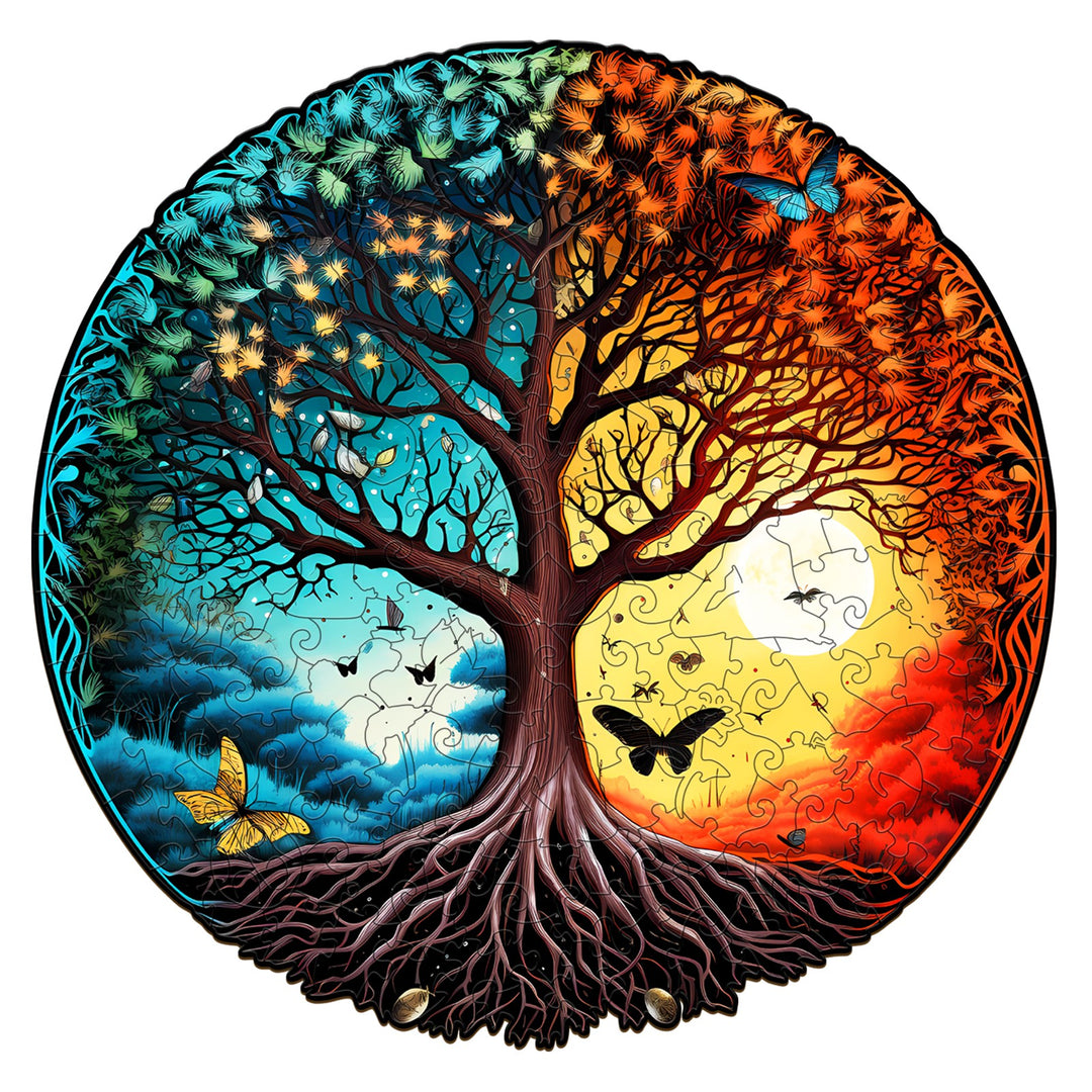 Yin Yang Tree of Life wooden jigsaw puzzle with vibrant colors and intricate butterfly details
