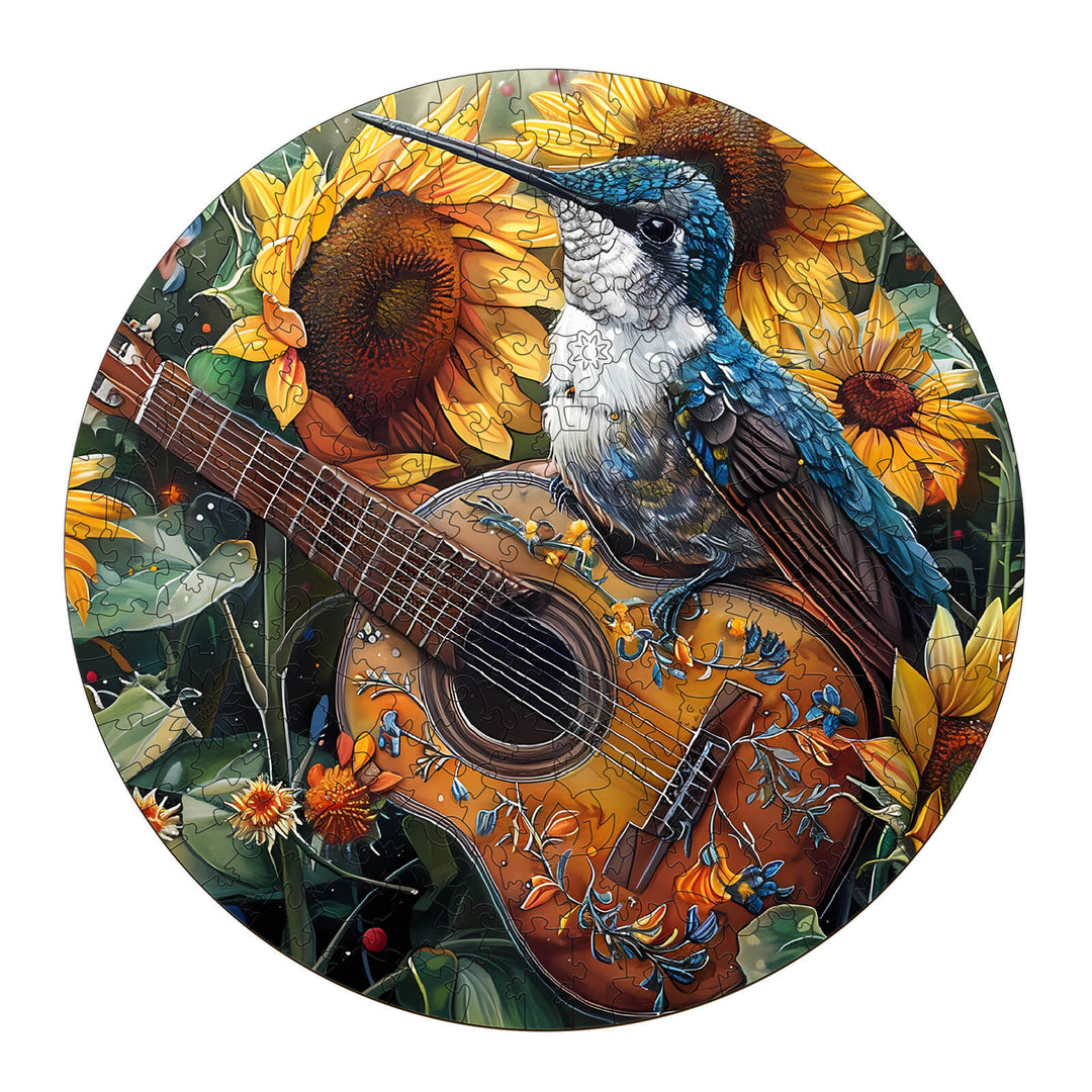 Elegant Hummingbird wooden jigsaw puzzle featuring a bird near sunflowers and a guitar, promoting focus and mind games.