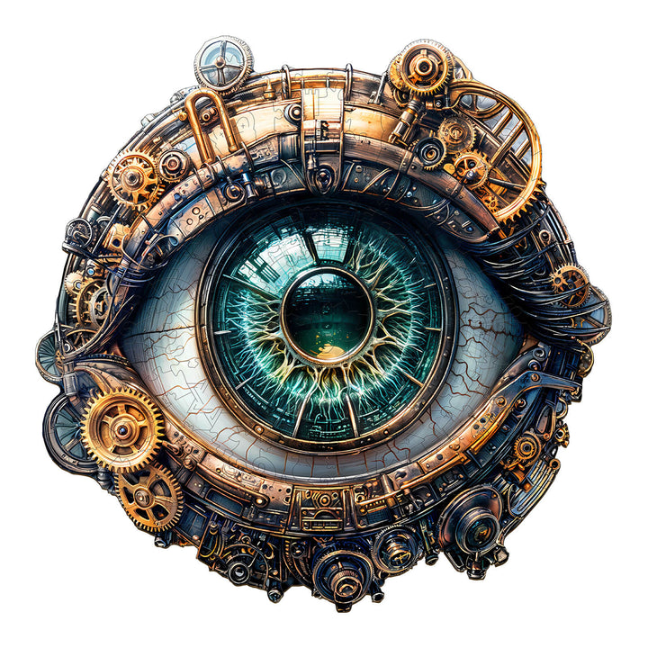 3D Mechanical eyes wooden jigsaw puzzle with intricate gears and an eye design, promoting focus and mind challenges.