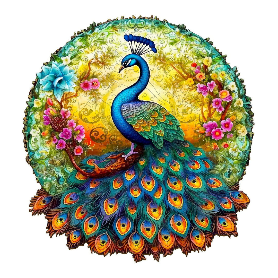Colorful peacock surrounded by flowers in vibrant colors, featured in an elegant wooden jigsaw puzzle.