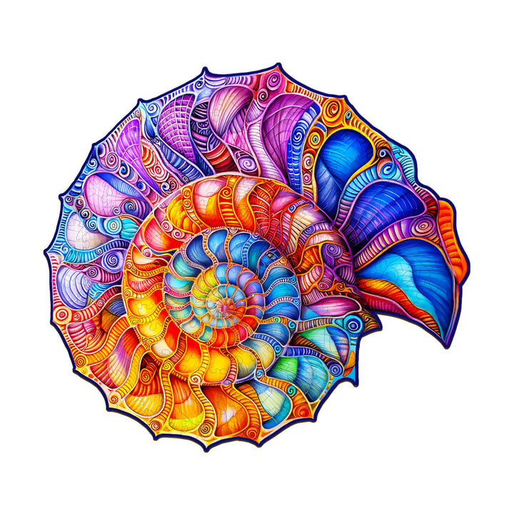Colorful Nautilus wooden jigsaw puzzle featuring vibrant swirls and patterns, ideal for brain games and enhancing focus.