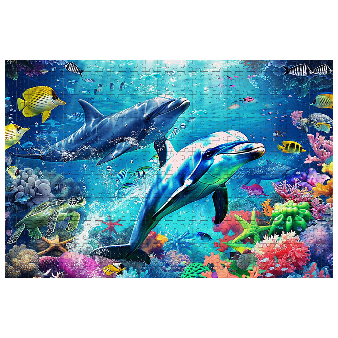 Undersea Paradise puzzle featuring dolphins swimming amidst vibrant coral and colorful fish for a fun mind game experience.