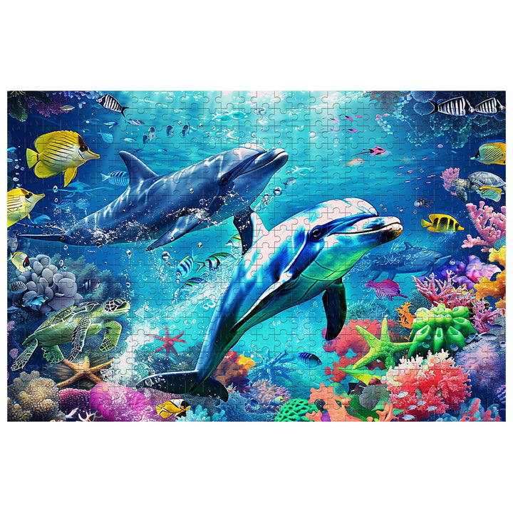 Undersea Paradise puzzle featuring dolphins swimming amidst vibrant coral and colorful fish for a fun mind game experience.