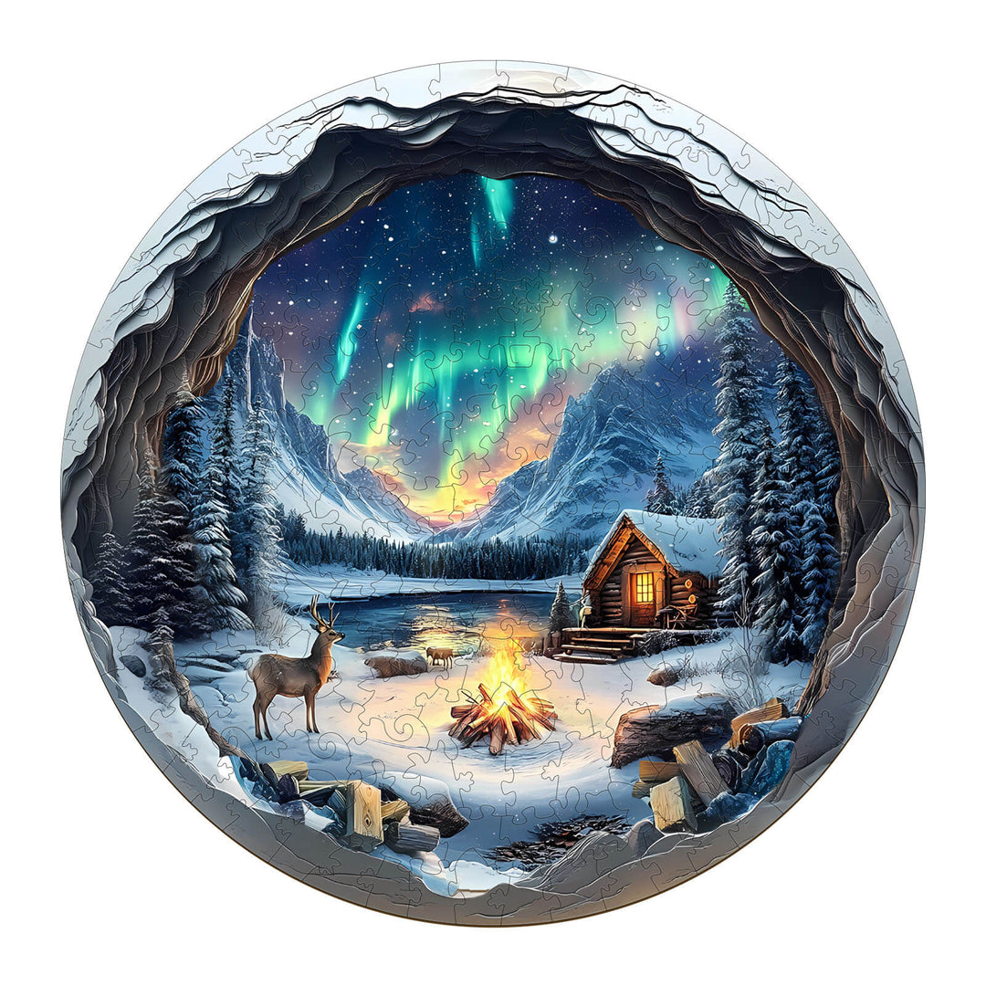 3D Aurora World Wooden Jigsaw Puzzle featuring Northern Lights over snowy landscape and cabin.