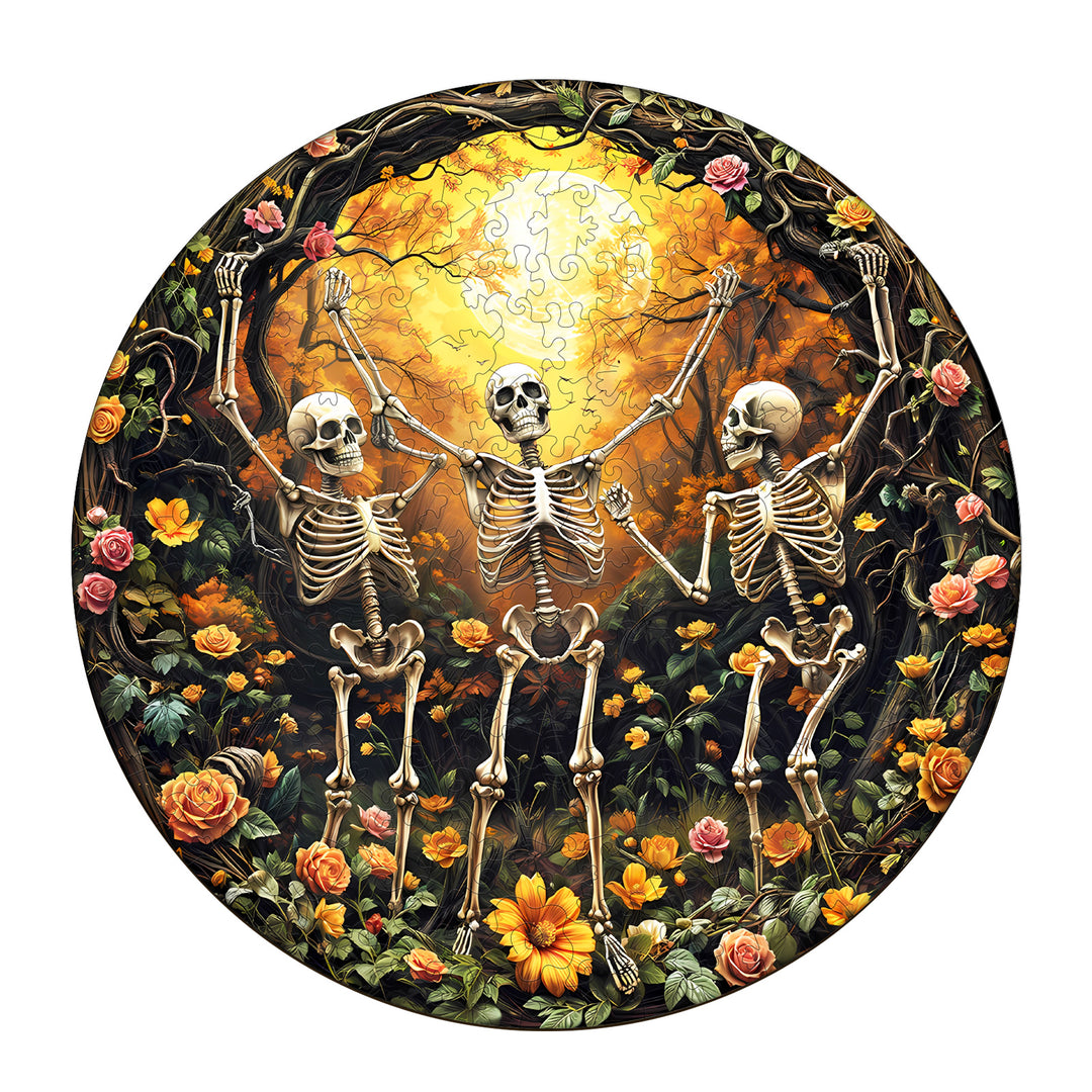 Skeleton Moon Glee wooden jigsaw puzzle featuring three skeletons in a floral setting with a bright moon.
