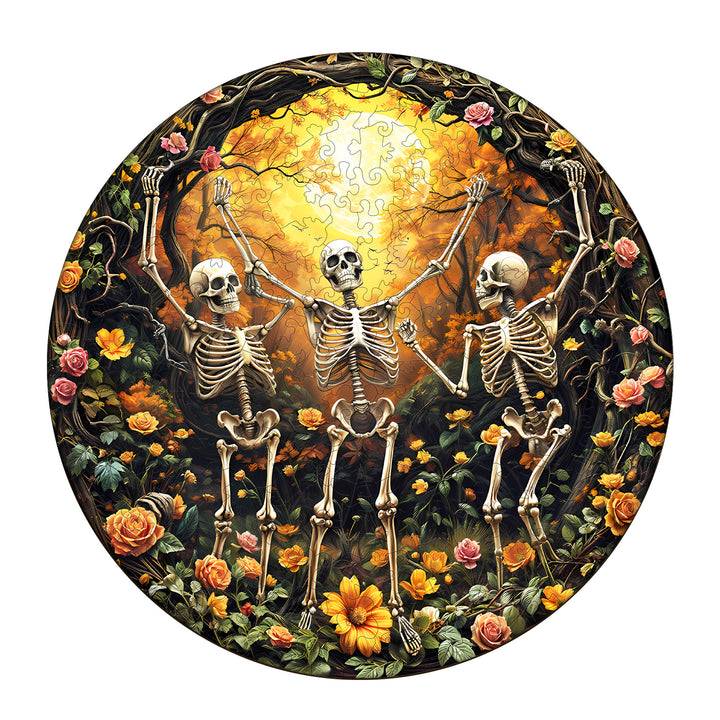 Skeleton Moon Glee wooden jigsaw puzzle featuring three skeletons in a floral setting with a bright moon.