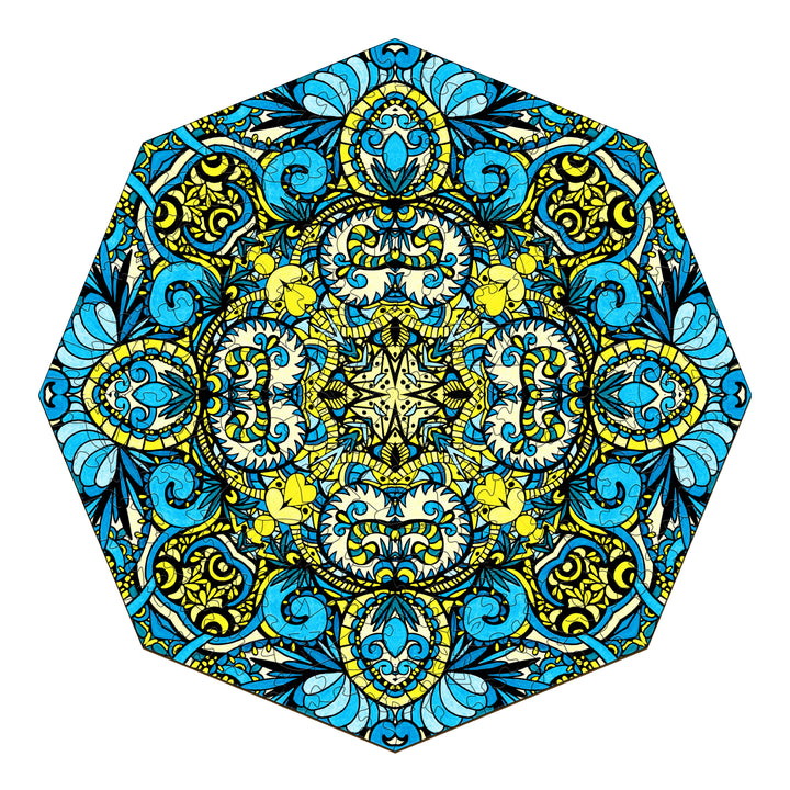 Colorful mandala art design featuring intricate patterns in blue and yellow, showcasing detailed doodle elements.