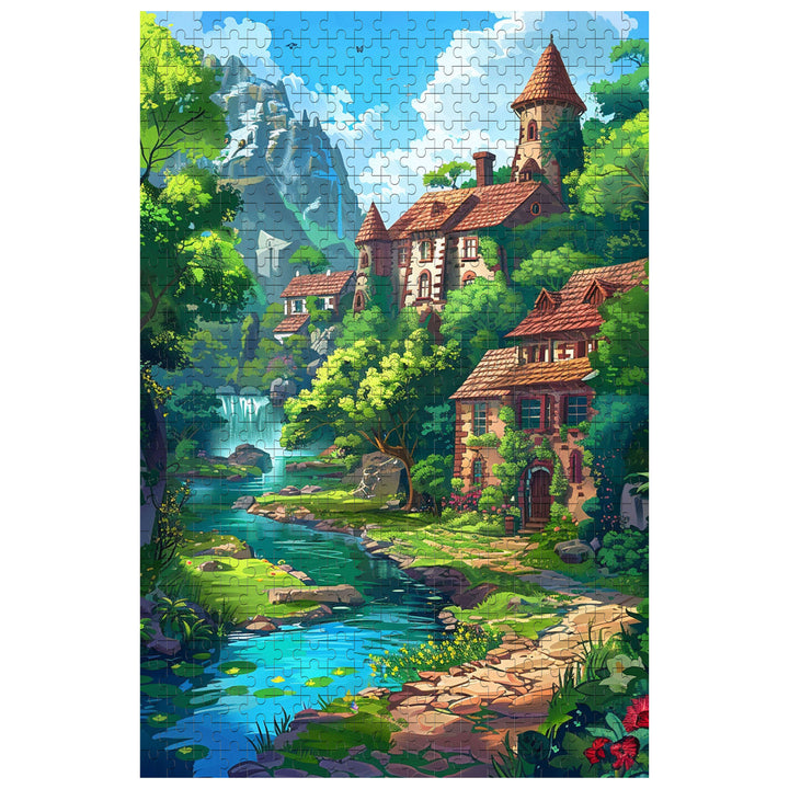 Beautiful countryside puzzle depicting a serene landscape with a river and cottages, designed for immersive jigsaw exploration.
