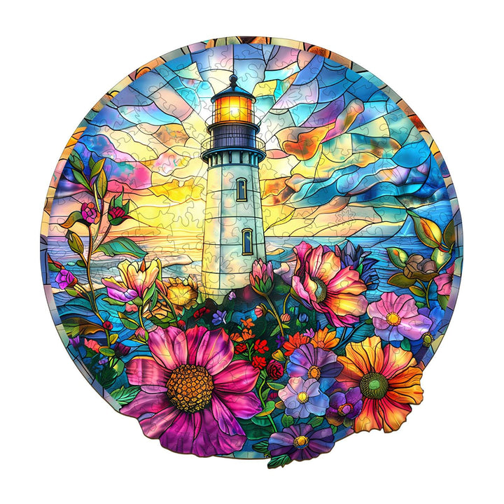Stained Glass Lighthouse wooden jigsaw puzzle featuring vibrant flowers and a sunset, ideal for puzzle enthusiasts.
