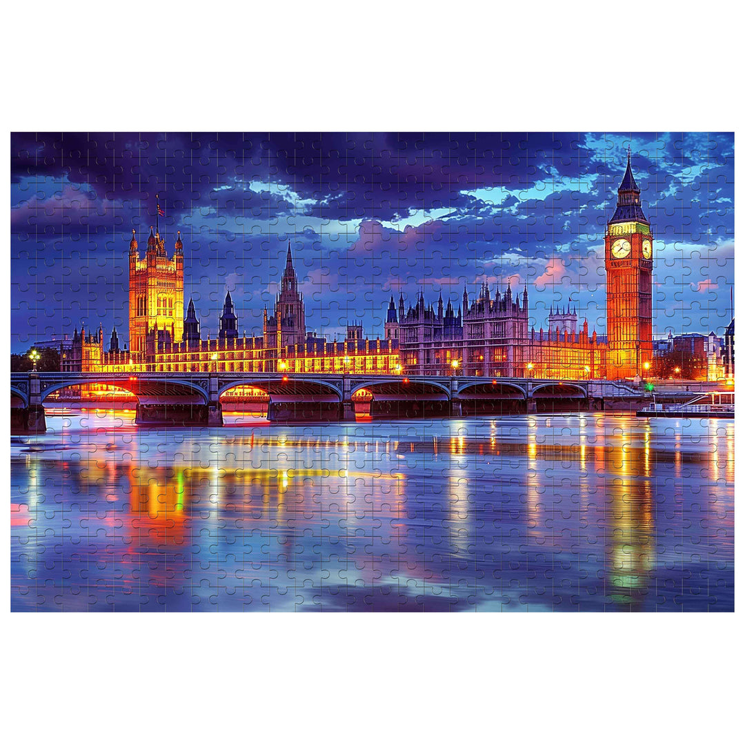 London Riverside Sunset 500/1000 Piece Puzzle showing illuminated landmarks by the river, perfect for jigsaw puzzle enthusiasts.