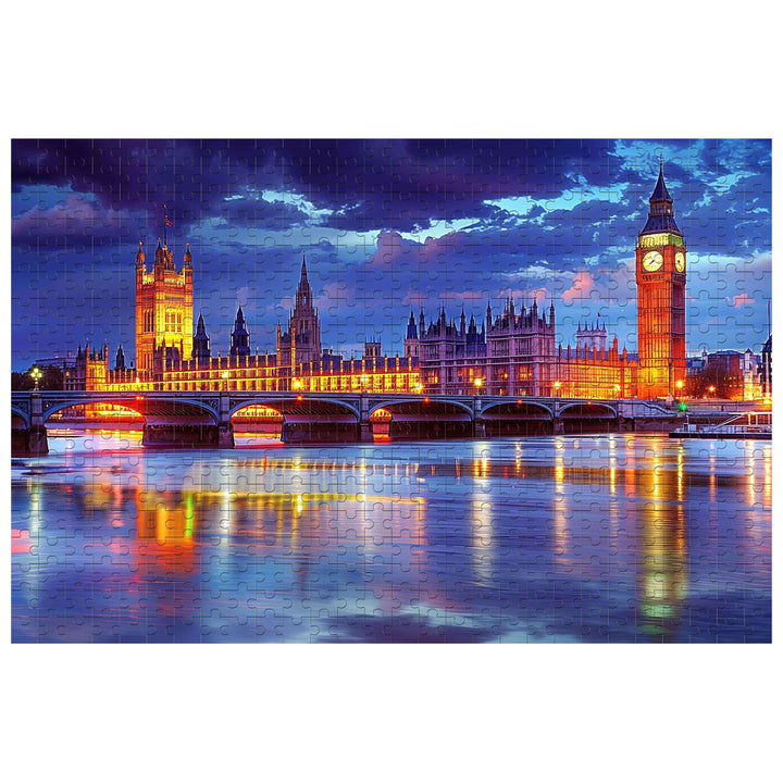 London Riverside Sunset 500/1000 Piece Puzzle showing illuminated landmarks by the river, perfect for jigsaw puzzle enthusiasts.