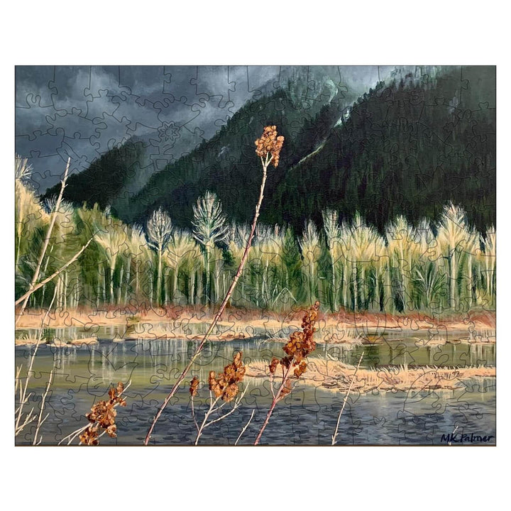 Distant Storm artwork by Marianne K Palmer featuring a dramatic landscape with dark skies and lush greenery.