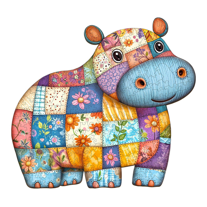 Colorful patchwork hippo wooden jigsaw puzzle for brain training and fun, designed for both kids and adults.