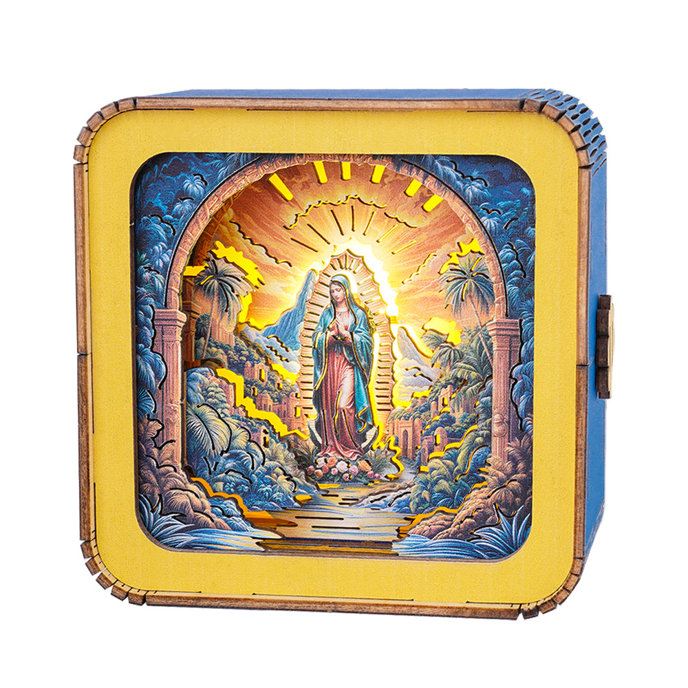 Colorful 3D wooden puzzle night light featuring the Virgin Mary against a vibrant background in a decorative box.