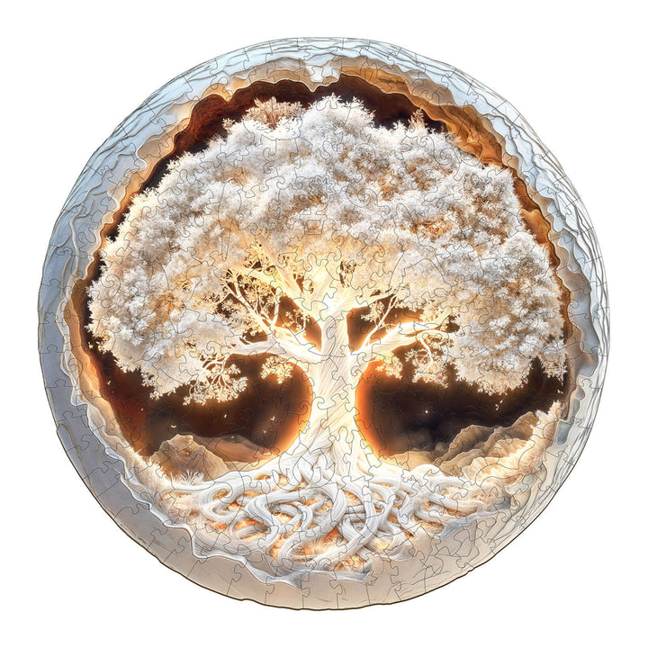 3D glowing tree of life wooden jigsaw puzzle with illuminated branches and roots, ideal for decor and ambiance.