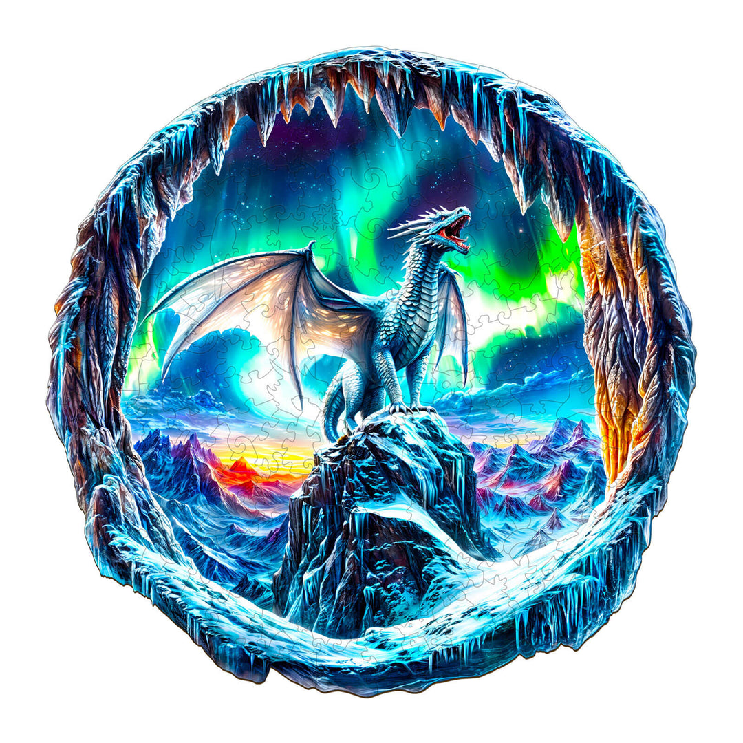 3D wooden jigsaw puzzle featuring a frost dragon under the aurora borealis, showcasing vibrant colors and icy landscapes.