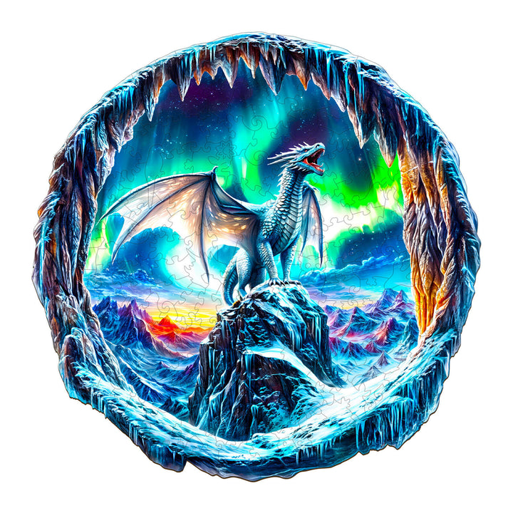 3D wooden jigsaw puzzle featuring a frost dragon under the aurora borealis, showcasing vibrant colors and icy landscapes.