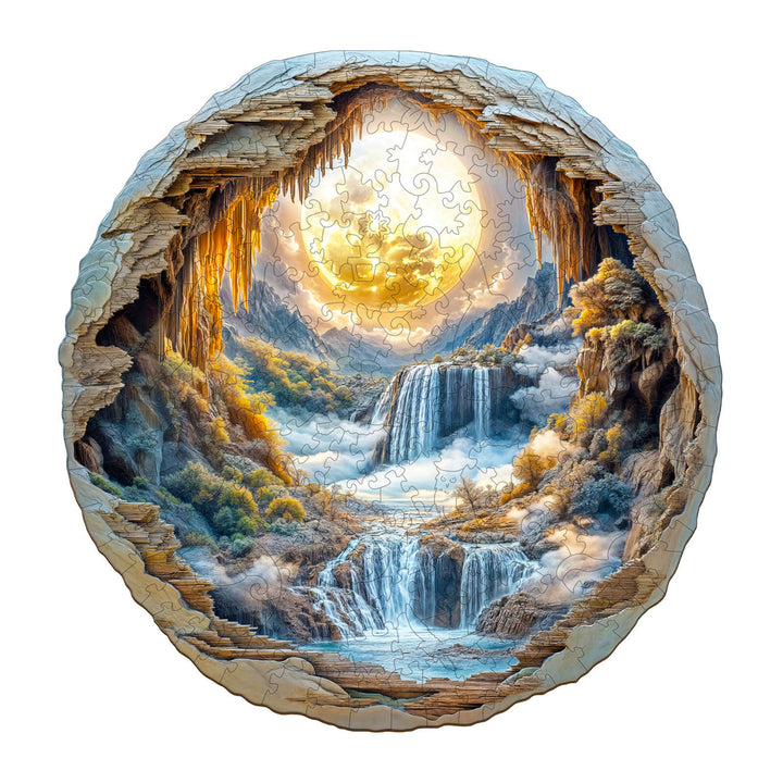 3D Moonlit Wonders wooden jigsaw puzzle featuring a picturesque waterfall scene illuminated by a golden moon.