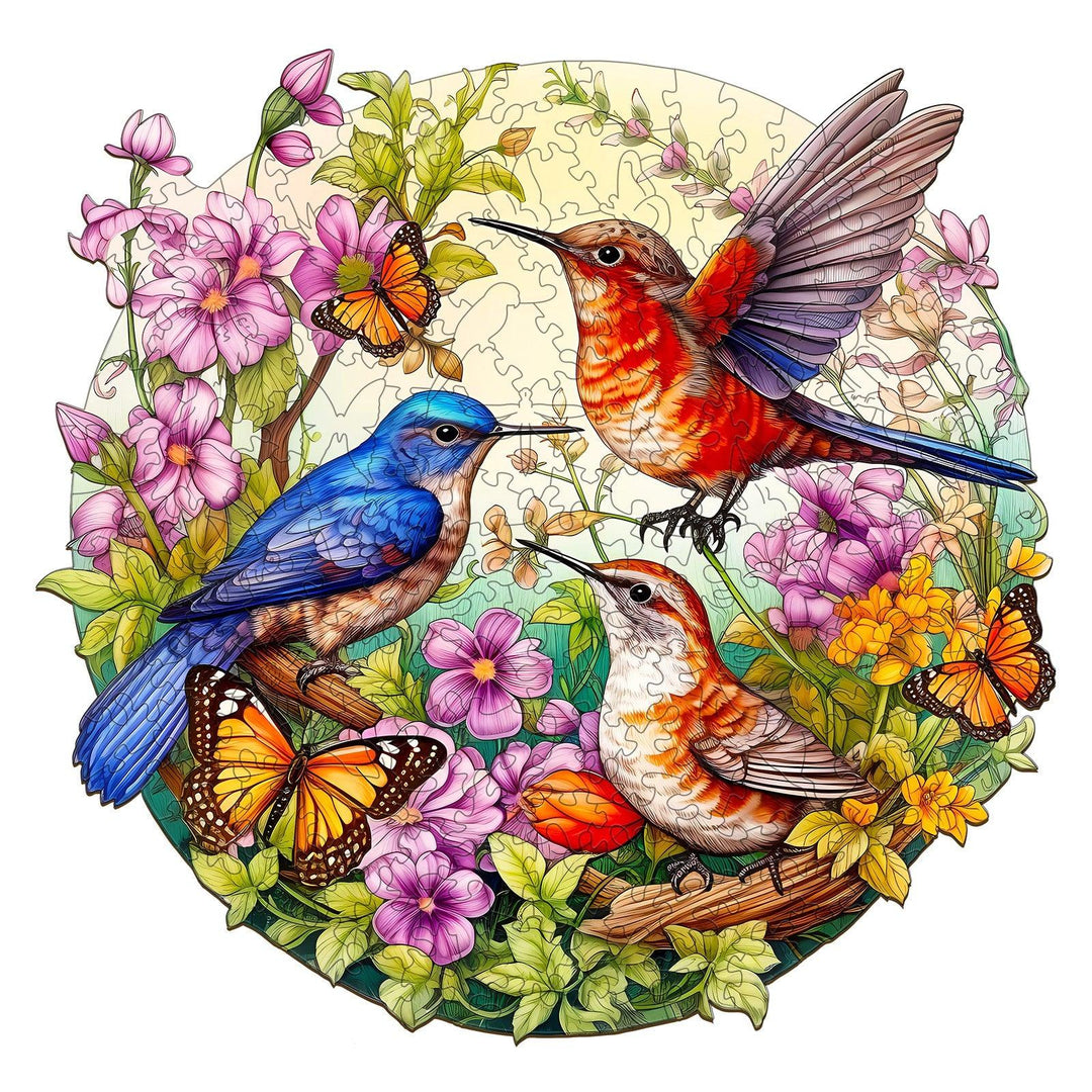 Colorful birds and butterflies surrounded by flowers in a vibrant wooden jigsaw puzzle design.