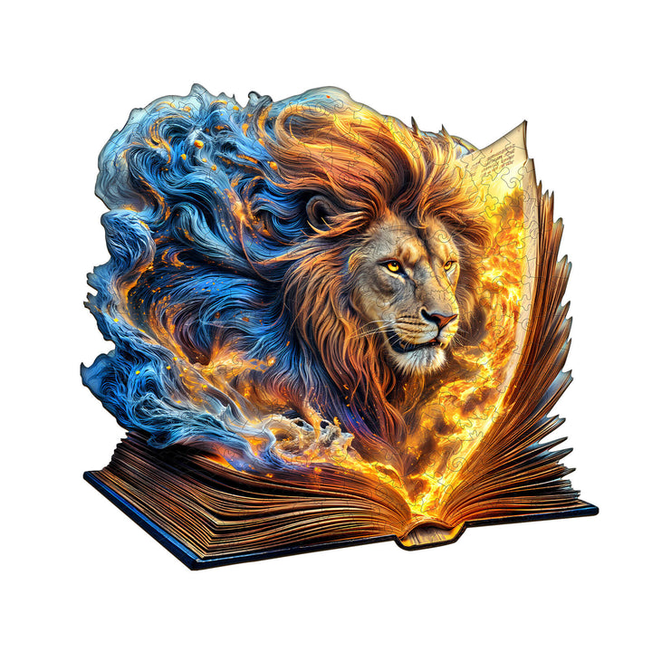 Roaring Pages Wooden Jigsaw Puzzle featuring a lion emerging from a magical book with vibrant colors.