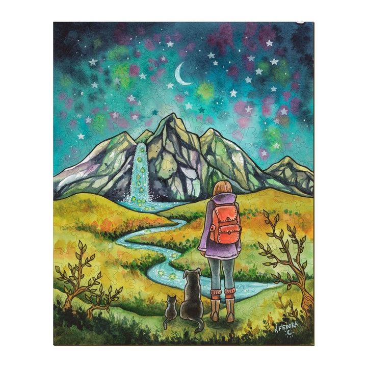 Art by Kathryn Fedora featuring a woman and pets in a vibrant mountain landscape with stars and a waterfall.