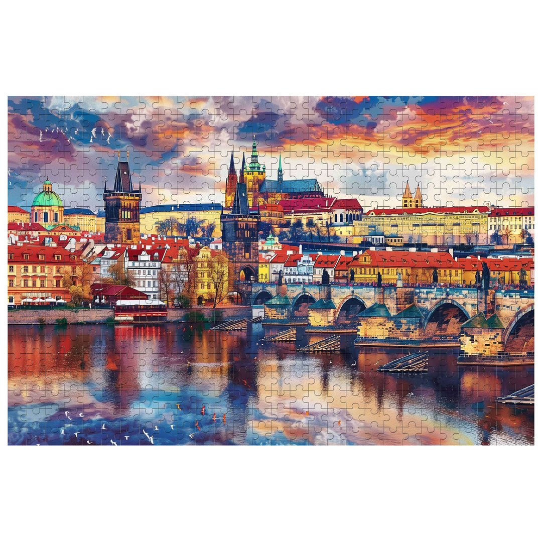 Scenic sunset city jigsaw puzzle featuring bridges, buildings, and vibrant colors, perfect for puzzle enthusiasts.