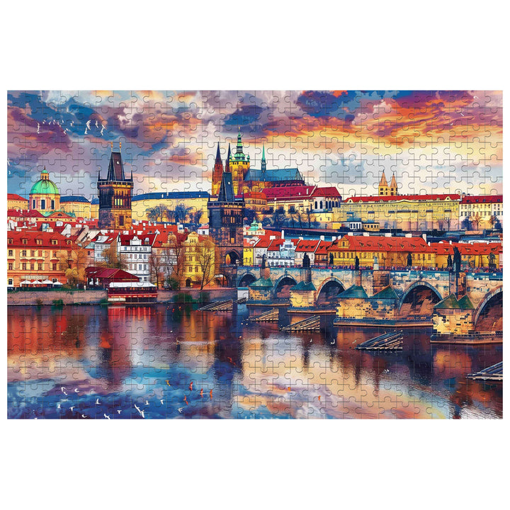 Scenic sunset city jigsaw puzzle featuring bridges, buildings, and vibrant colors, perfect for puzzle enthusiasts.
