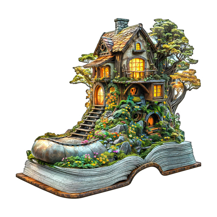 Treehouse Dream Wooden Jigsaw Puzzle design featuring a whimsical house in a boot, surrounded by vibrant nature.