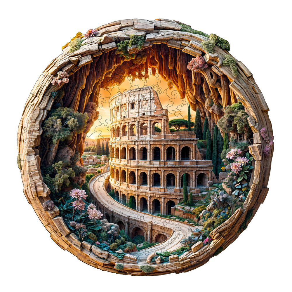 3D Colosseum wooden jigsaw puzzle showcasing intricate architectural details and vibrant colors, perfect for brain-teasing fun.