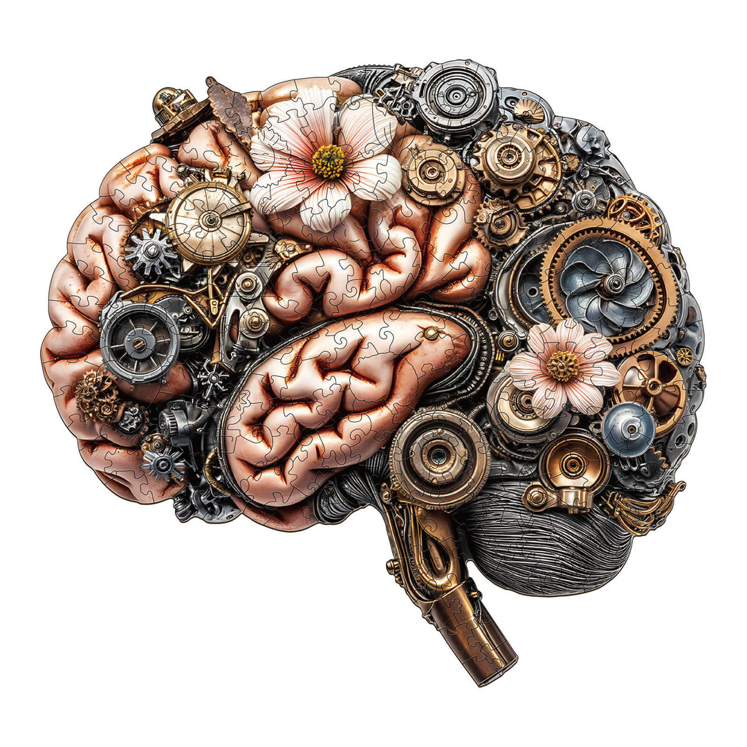 3D Mechanical Brainstem Wooden Jigsaw Puzzle with intricate gears and flowers, designed for enriching mind games and focus.