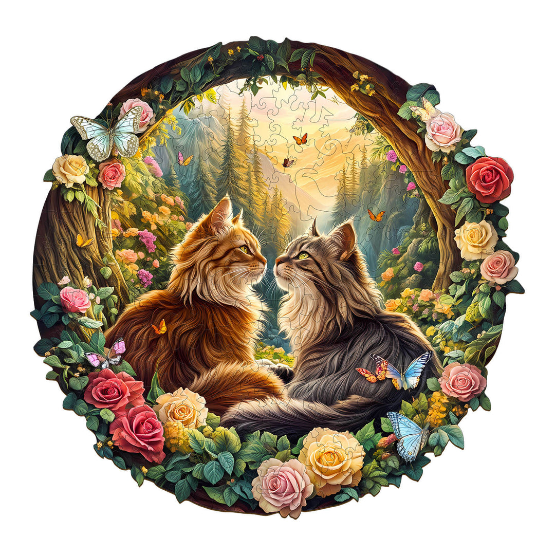 Wooden jigsaw puzzle featuring two cats in love surrounded by flowers and butterflies in a serene forest setting.