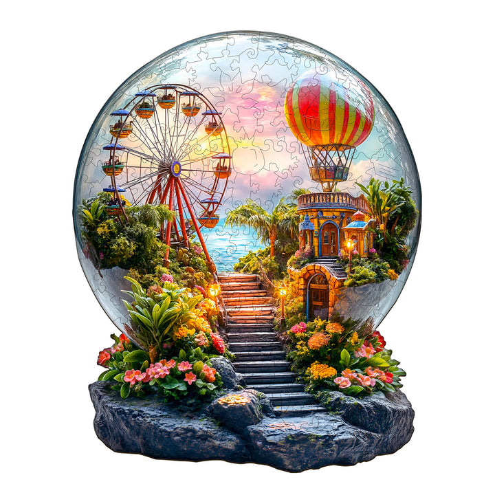 3D Crystal Wonderland wooden jigsaw puzzle featuring a vibrant scene with a ferris wheel and hot air balloon.