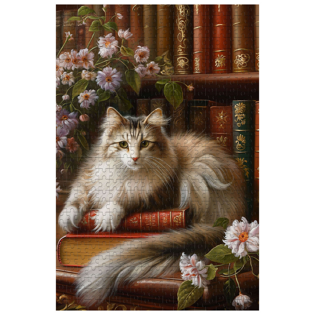 Cat on the Bookshelf 500/1000 piece puzzle featuring a fluffy cat and colorful books, perfect for puzzle lovers.