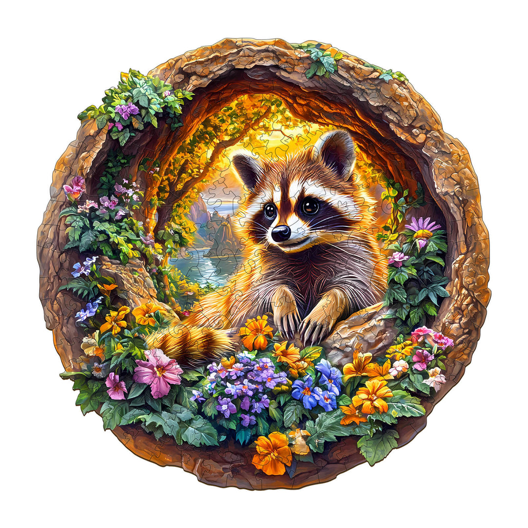 3D raccoon on vacation wooden jigsaw puzzle featuring vibrant flowers and a scenic background for puzzle enthusiasts.