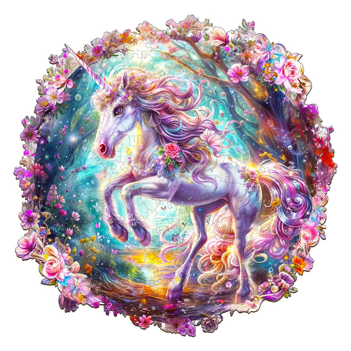 Colorful Elf Pony wooden jigsaw puzzle surrounded by flowers and magical scenery, perfect for enhancing focus and problem-solving skills.