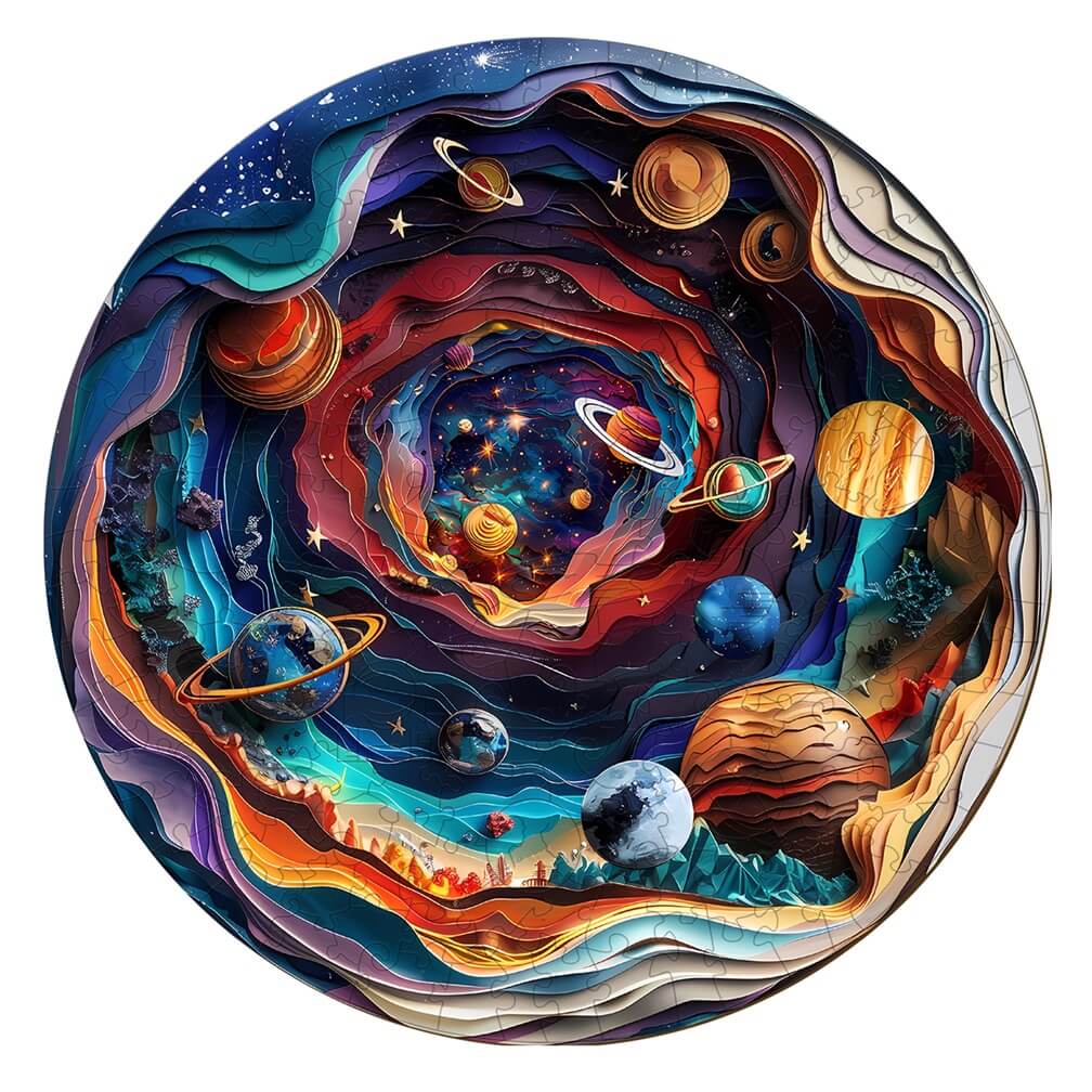 Colorful 3D Universe wooden jigsaw puzzle featuring planets and stars, ideal for puzzle enthusiasts and mind game lovers.