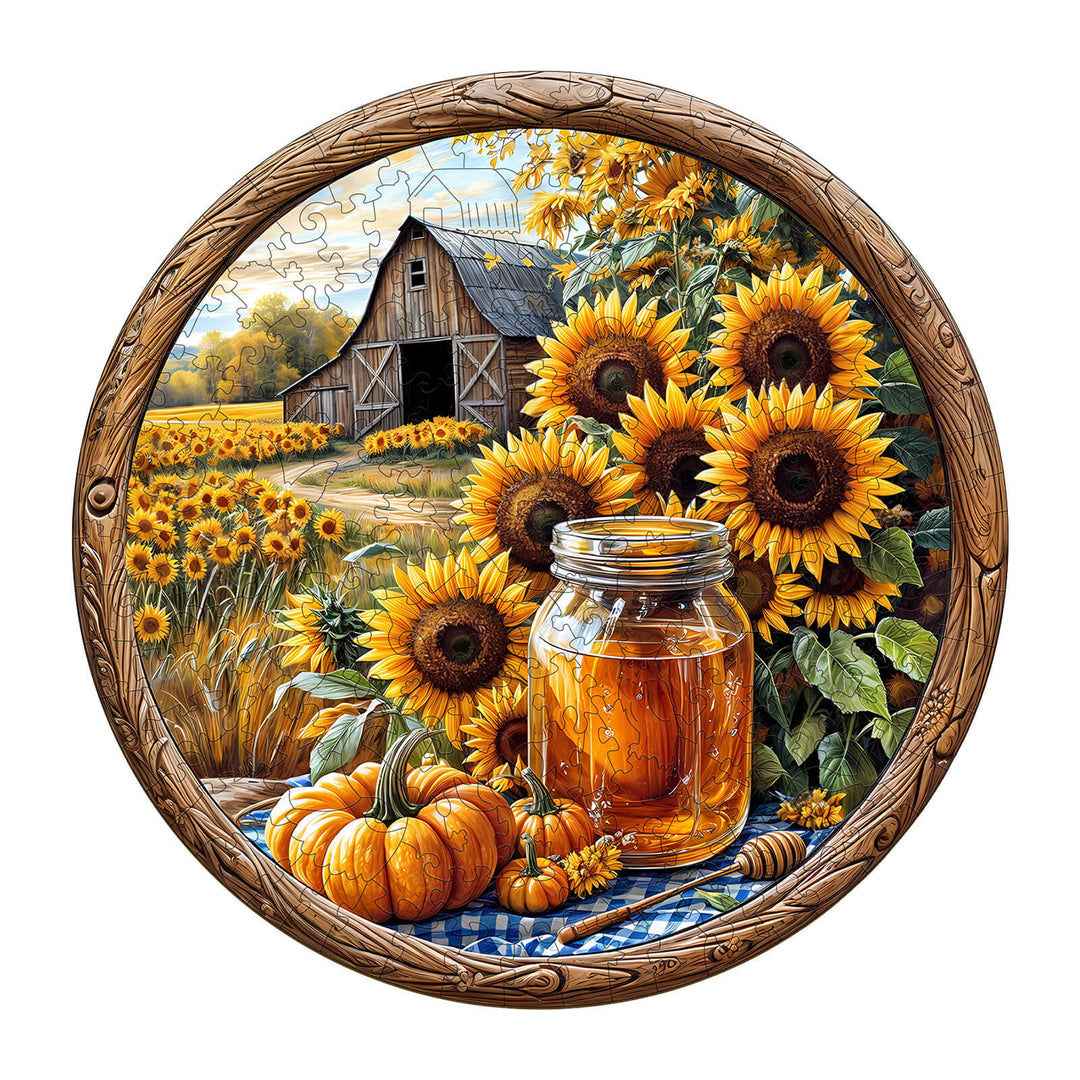 Colorful wooden jigsaw puzzle featuring sunflowers, a barn, honey jar, and pumpkins, perfect for puzzle lovers.