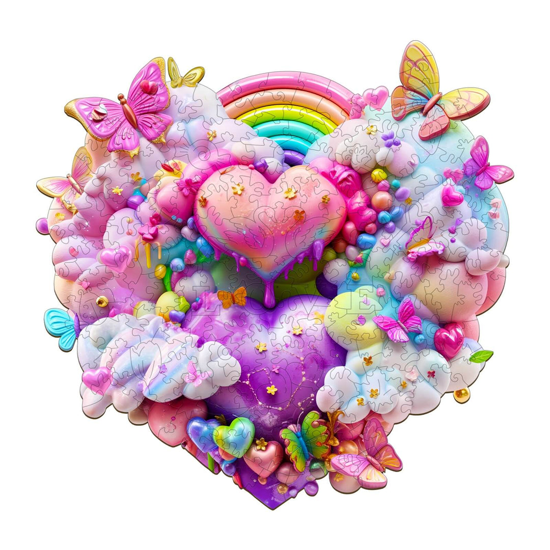 Colorful heart-shaped Rainbow Cloud wooden jigsaw puzzle with butterflies and vibrant patterns for mind games.