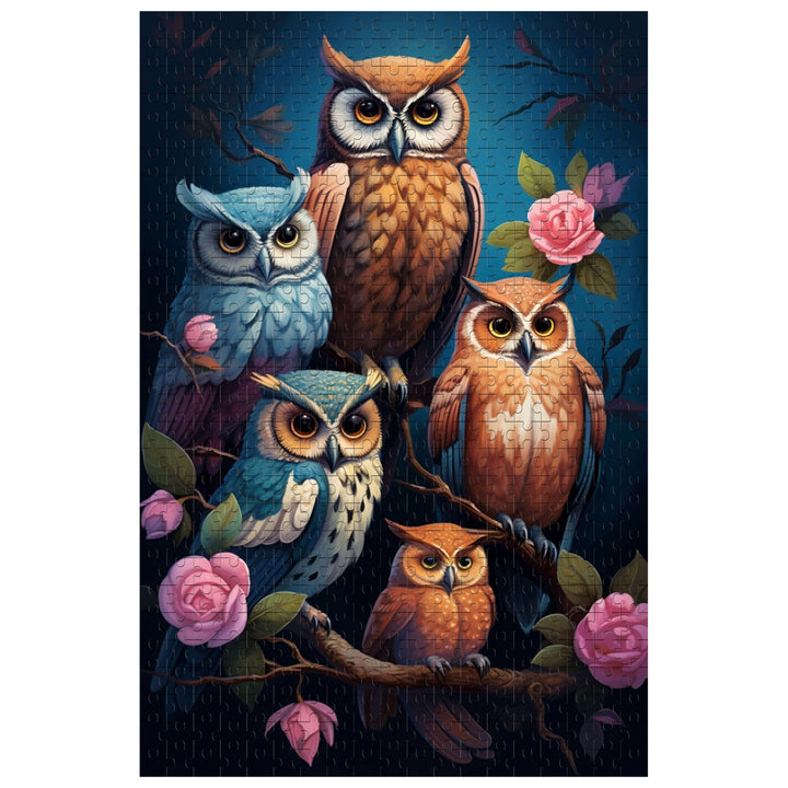 Colorful illustration of owls among roses, perfect for the Owls 500/1000 piece puzzle to enhance focus and enjoyment.