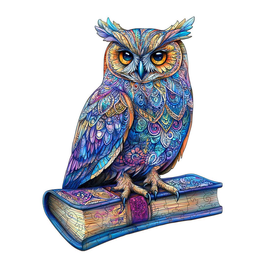 Colorful owl perched on a book, symbolizing elegance and focus, perfect for jigsaw puzzle enthusiasts.