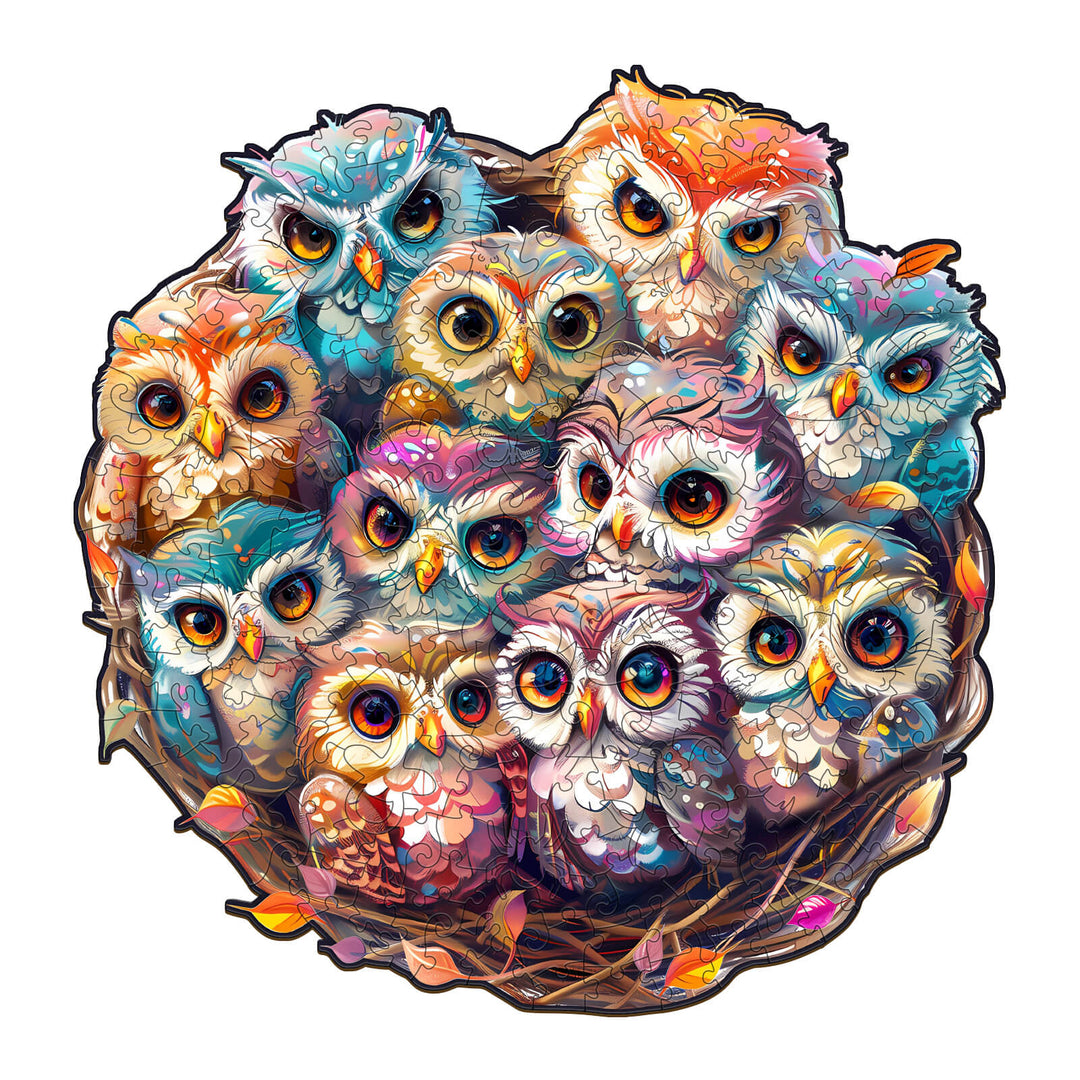 Colorful illustration of baby owls in a nest, perfect for a whimsical jigsaw puzzle experience.