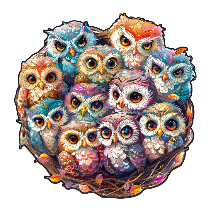 Colorful illustration of baby owls in a nest, perfect for a whimsical jigsaw puzzle experience.