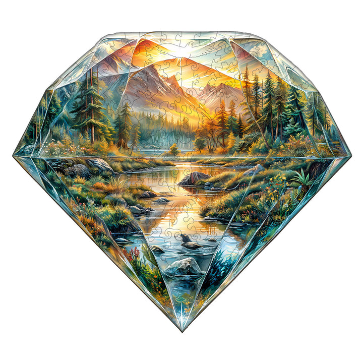 Diamond Landscape Wooden Jigsaw Puzzle featuring a vibrant nature scene with mountains and a river.